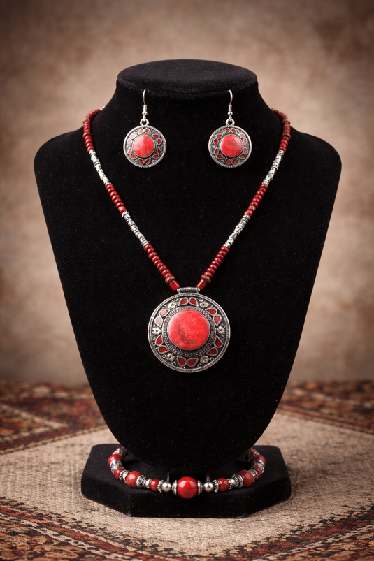 Antique Red Turquoise Pendant|Traditional Style Necklace | Necklace, Hook Earrings