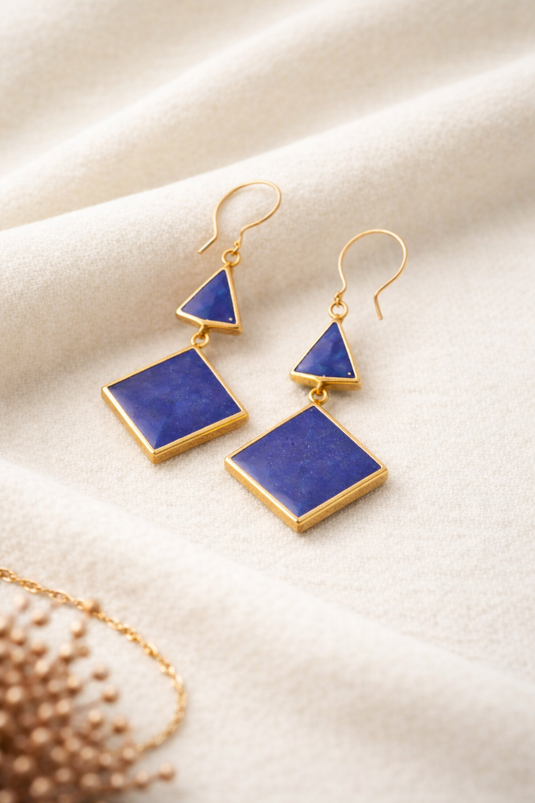 Lapis Lazuli Geometric Bronze Dangle Earrings