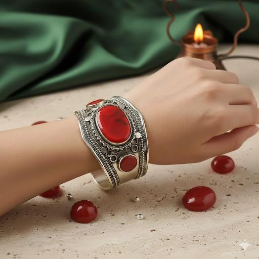 Red Agate Handcuff, Earrings & Ring | Afghan Traditional Jewelry
