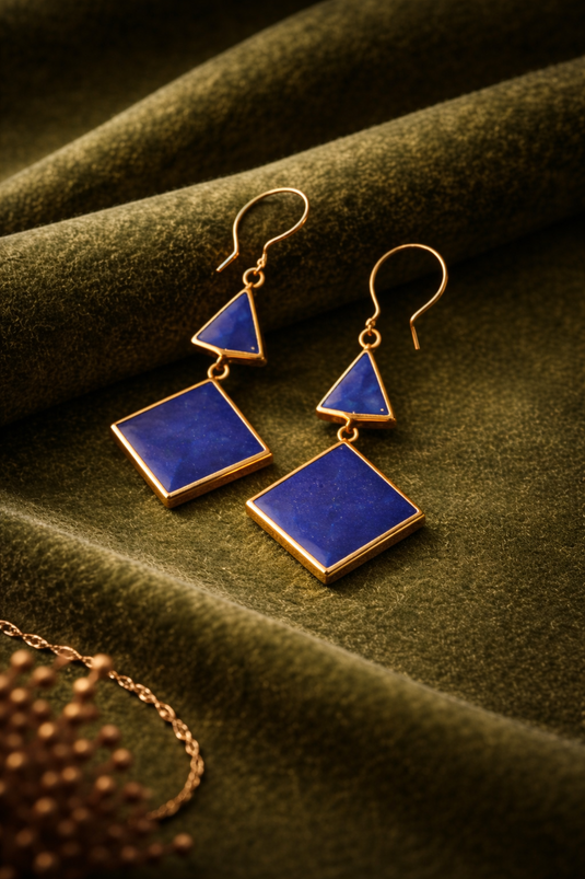 Lapis Lazuli Geometric Bronze Dangle Earrings